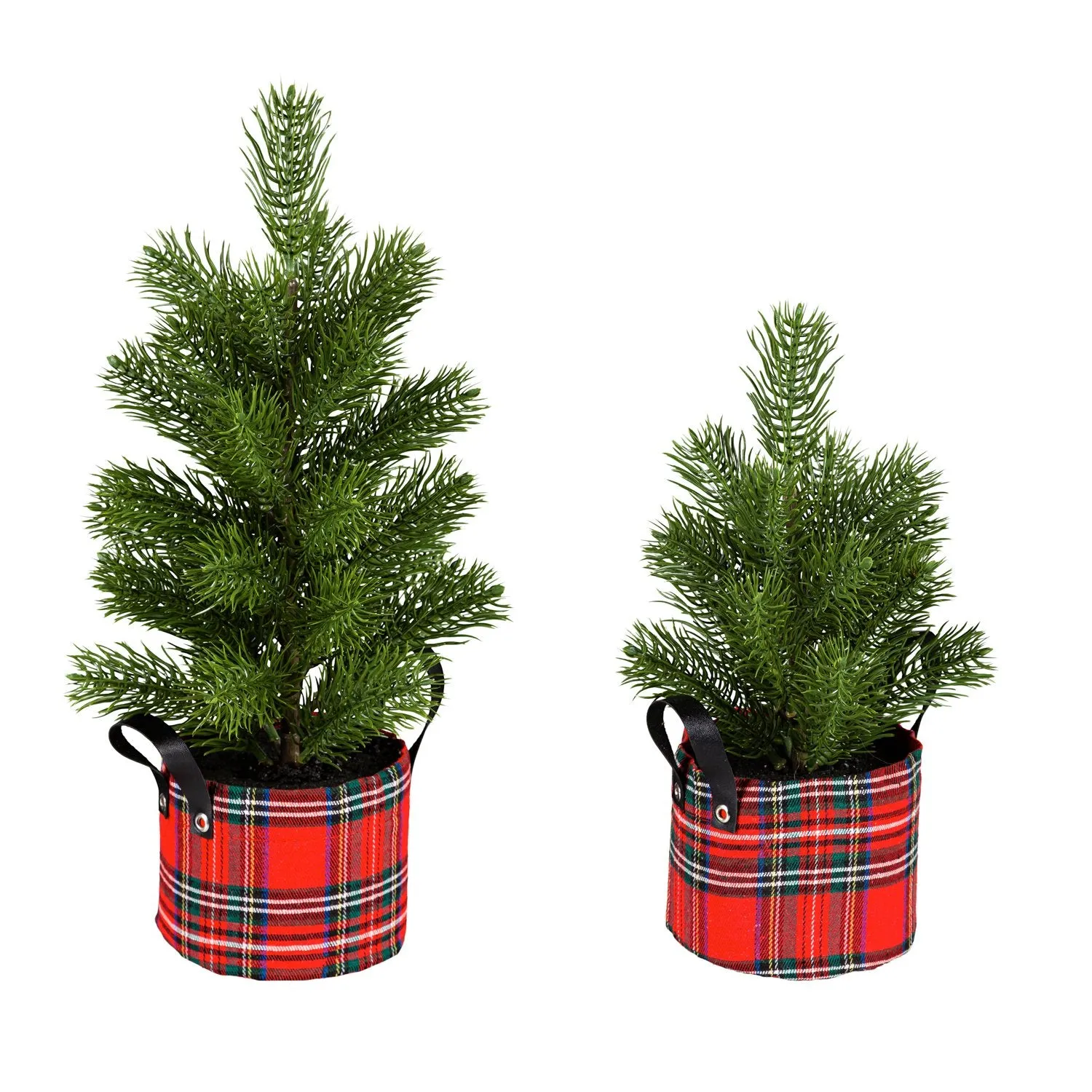 16" and 12" Pine Tree with Plaid Pot Table Decor, Set of 2,8flp215