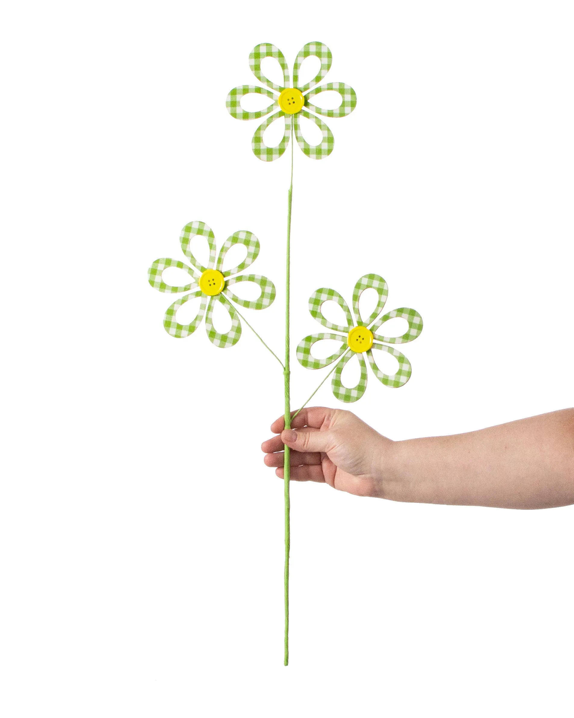 26" Fabric Hollow Gingham Flower Spray: Green, White, Yellow