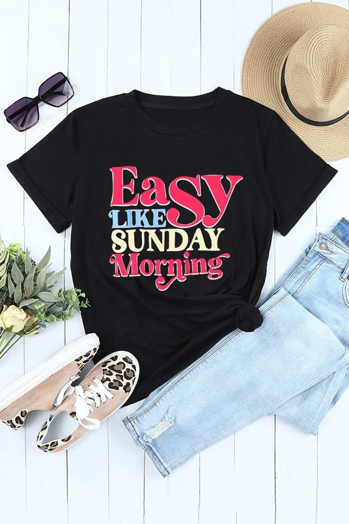 Black T-Shirt Easy LIKE SUNDAY Morning Letter Print Tee