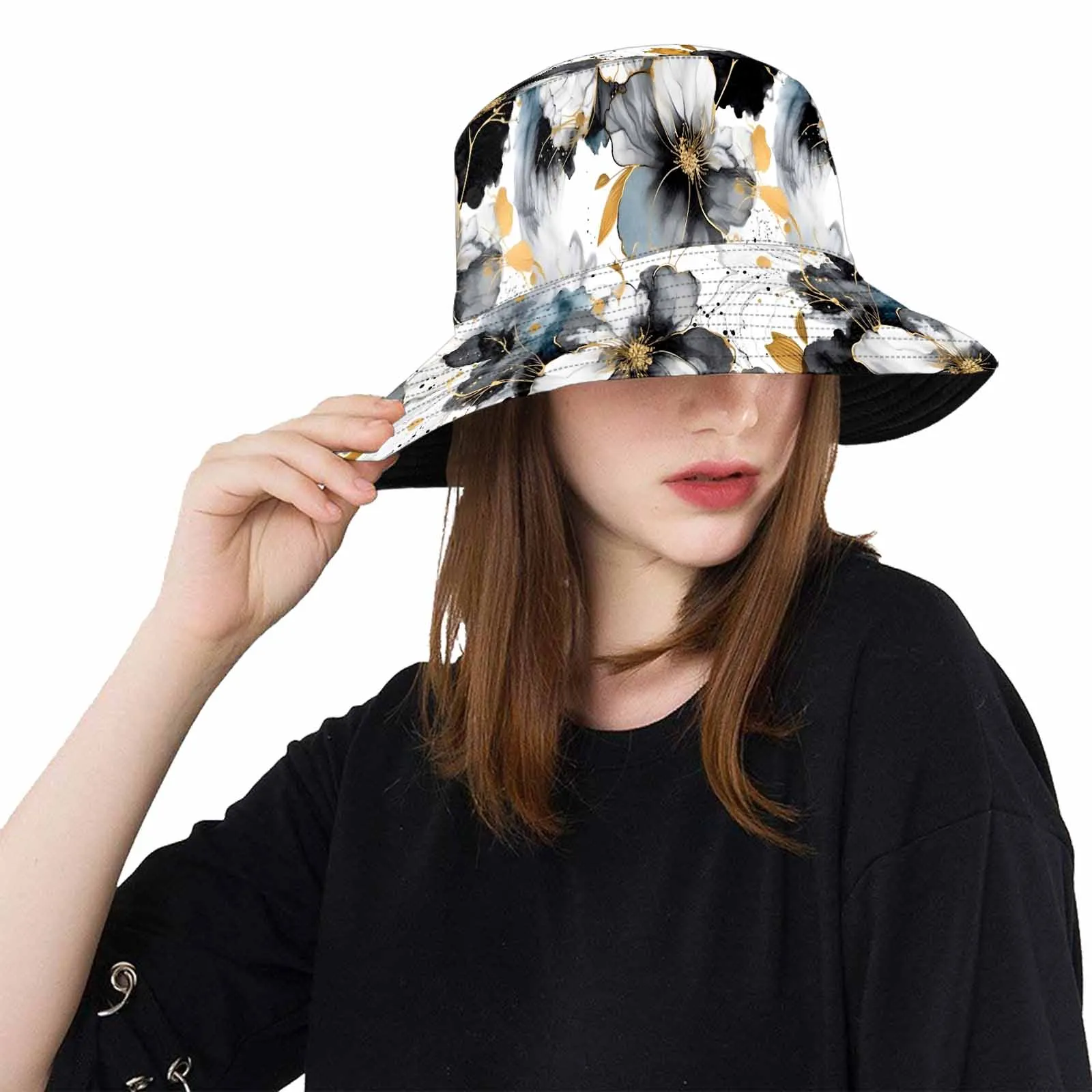 Black White and Gold  Unisex Summer Single-Layer Bucket Hat