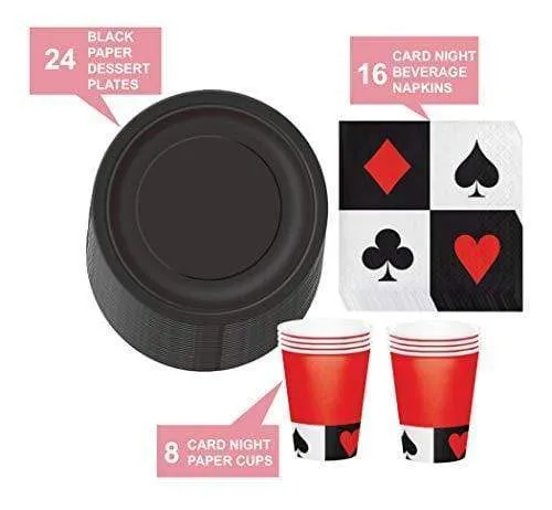 Card Party and Casino Poker Party Supplies - Black Paper Dessert Plates, Playing Card Beverage Napkins, and Matching Black and Red Cups (Serves 16)