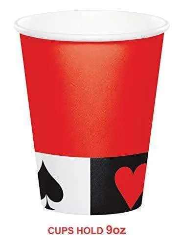 Card Party and Casino Poker Party Supplies - Black Paper Dessert Plates, Playing Card Beverage Napkins, and Matching Black and Red Cups (Serves 16)