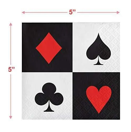 Card Party and Casino Poker Party Supplies - Black Paper Dessert Plates, Playing Card Beverage Napkins, and Matching Black and Red Cups (Serves 16)