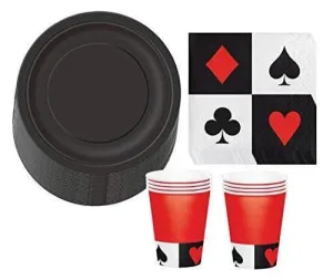 Card Party and Casino Poker Party Supplies - Black Paper Dessert Plates, Playing Card Beverage Napkins, and Matching Black and Red Cups (Serves 16)