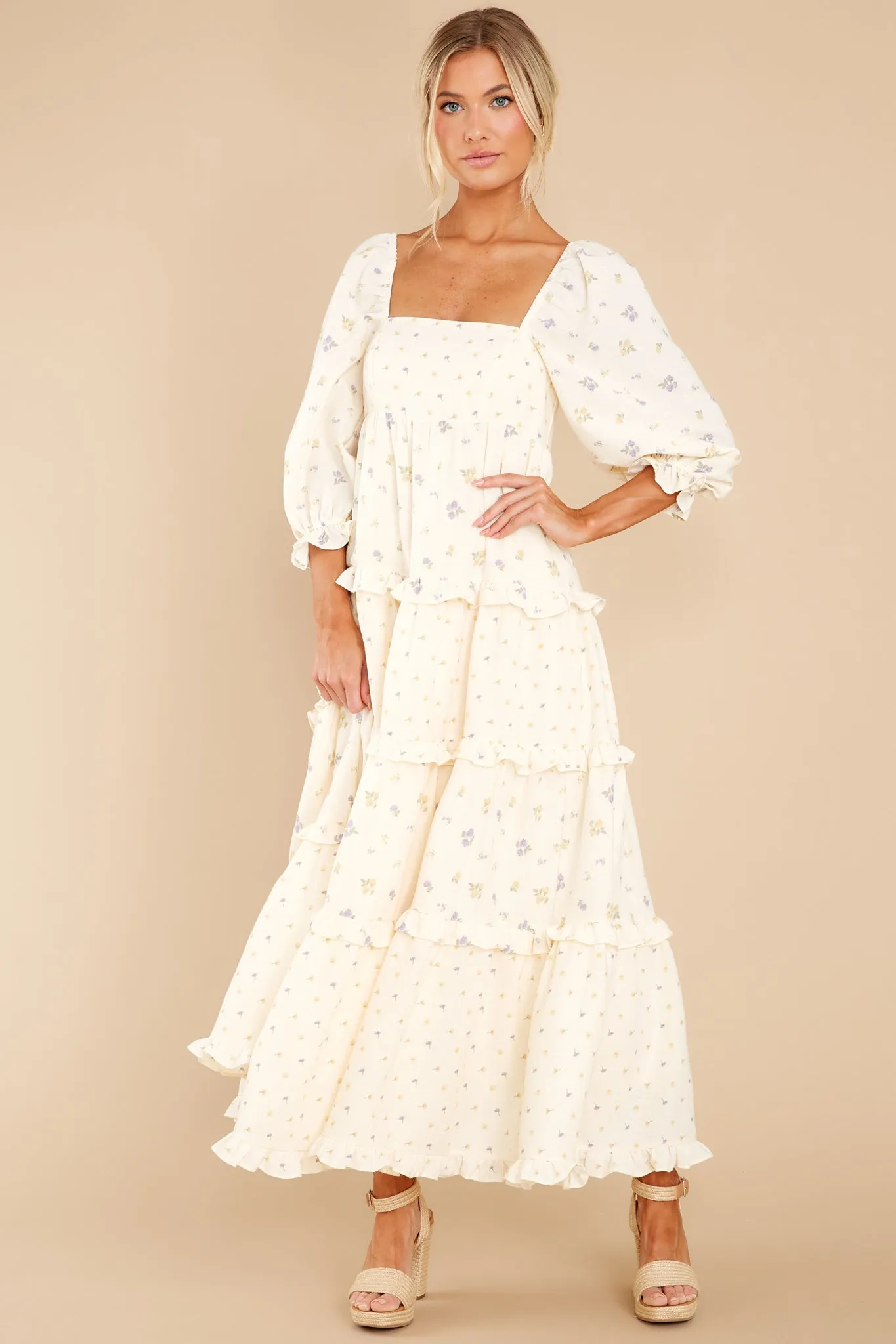 Cheerful Moments Ivory Floral Print Maxi Dress