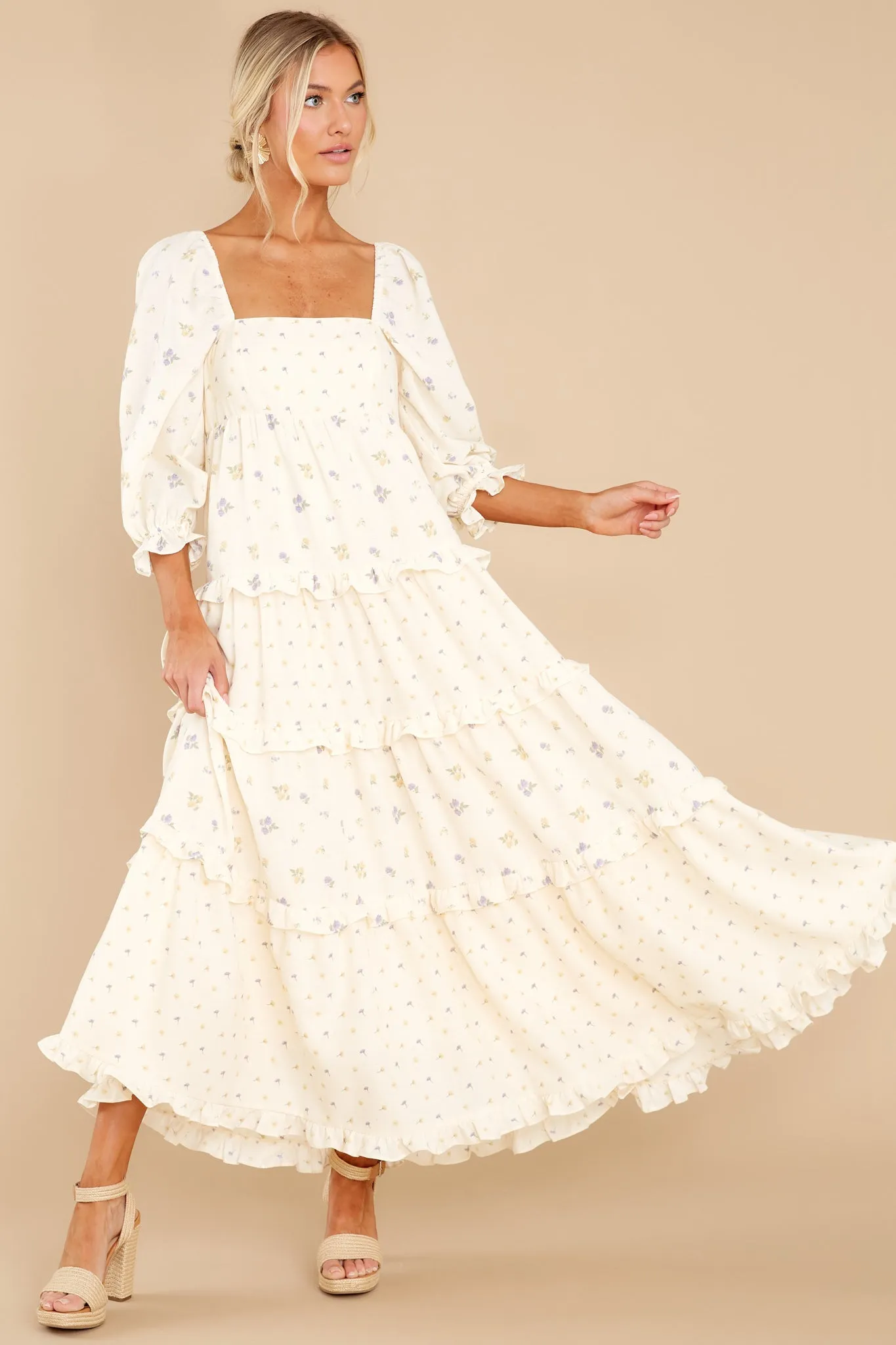 Cheerful Moments Ivory Floral Print Maxi Dress