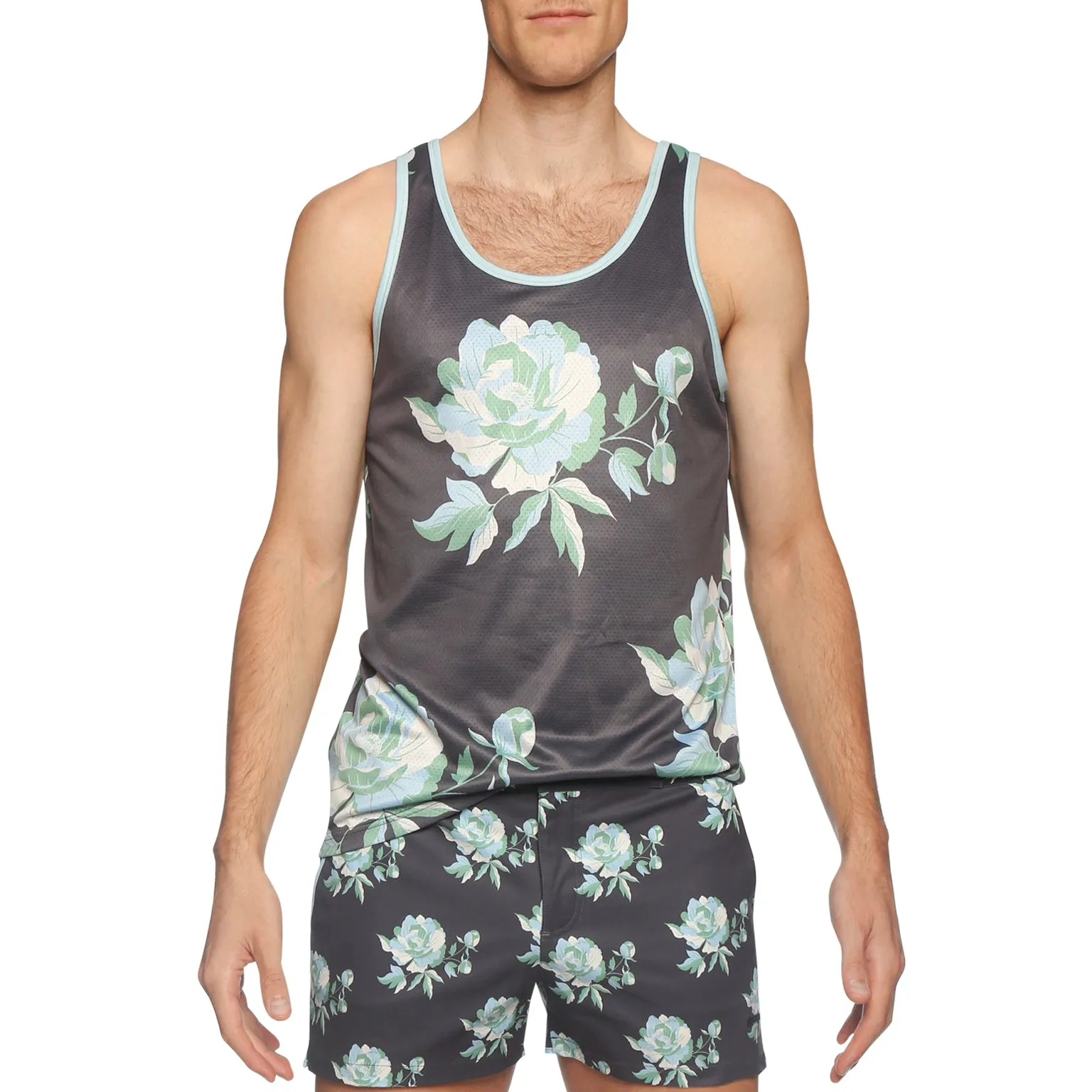 Cool Grey Peonies Print Mesh Tank Top