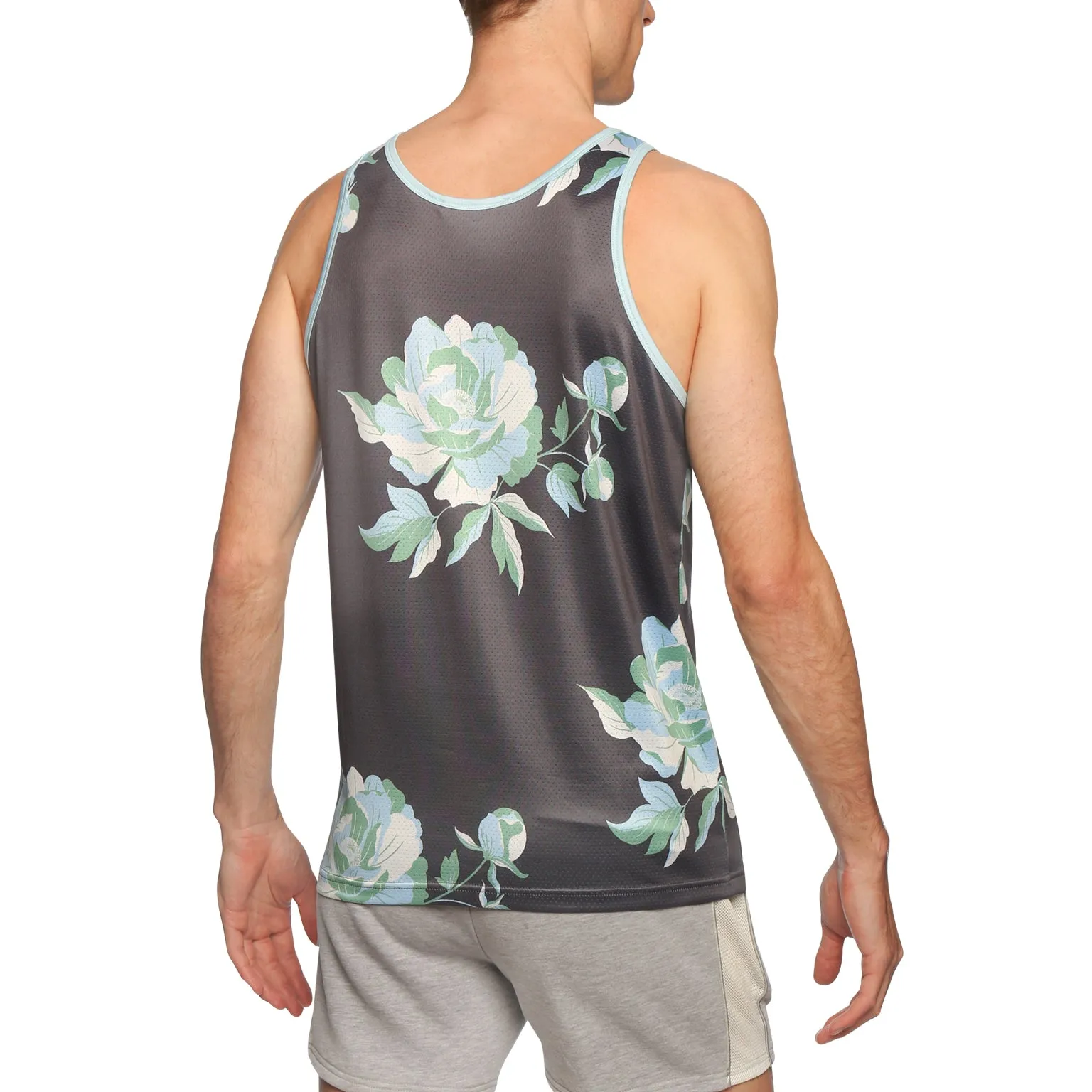 Cool Grey Peonies Print Mesh Tank Top