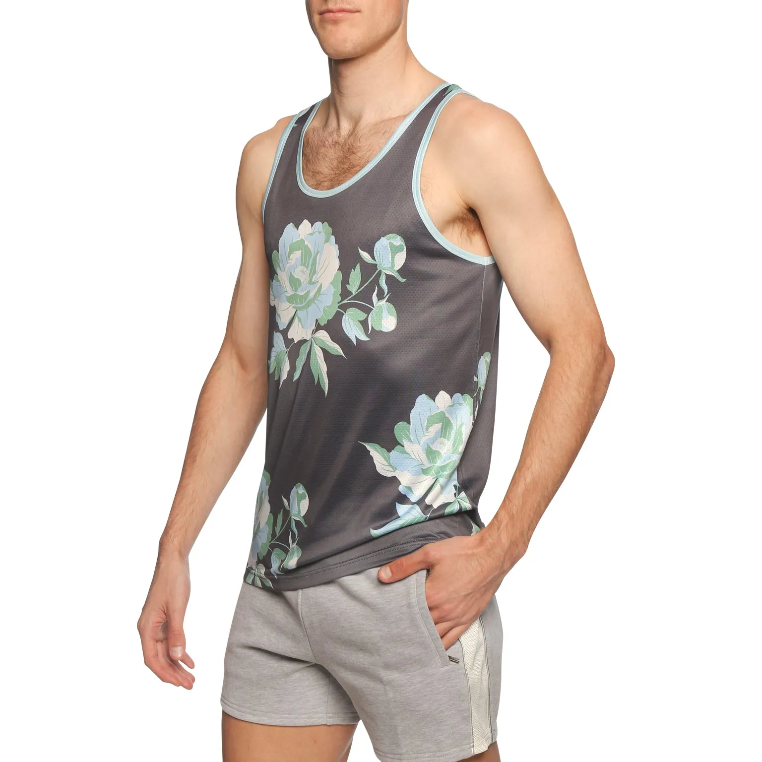 Cool Grey Peonies Print Mesh Tank Top