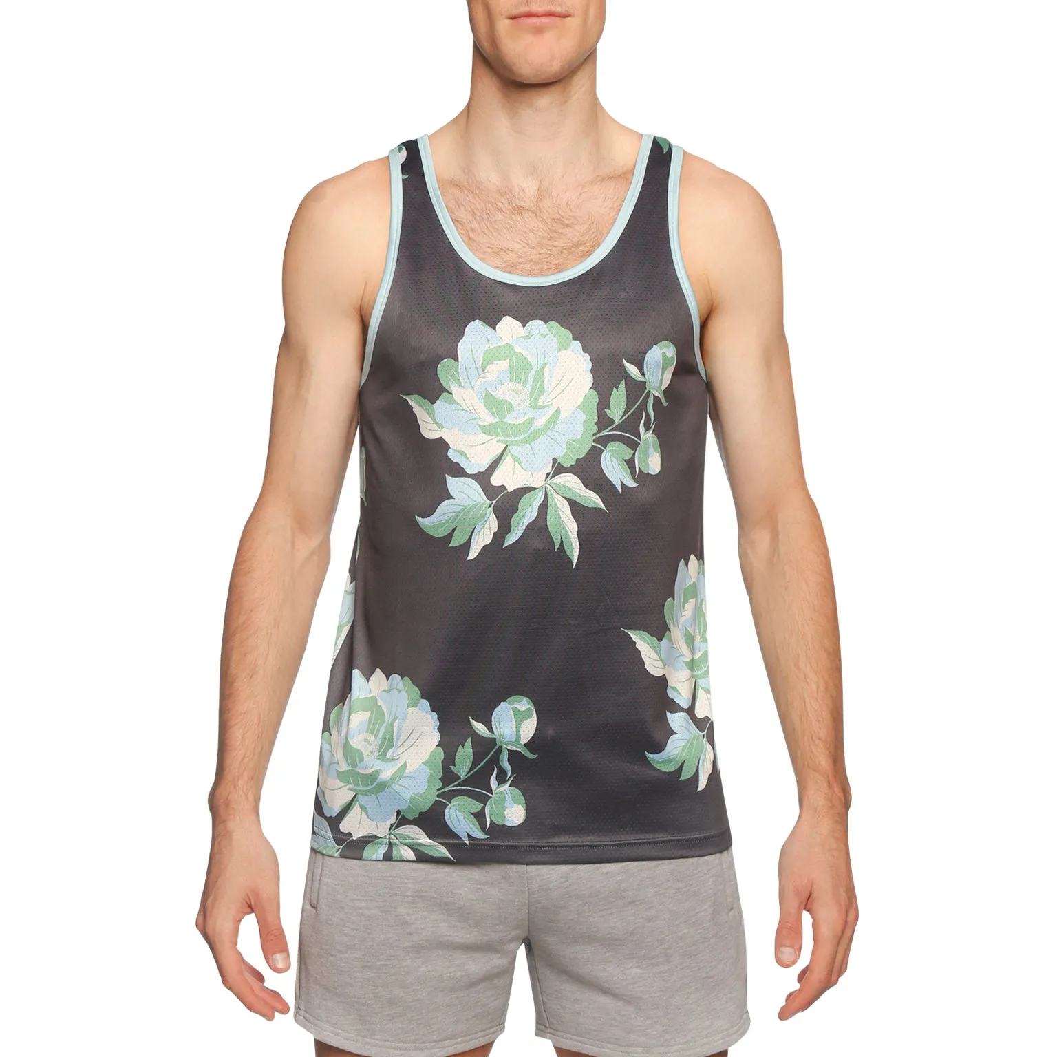 Cool Grey Peonies Print Mesh Tank Top