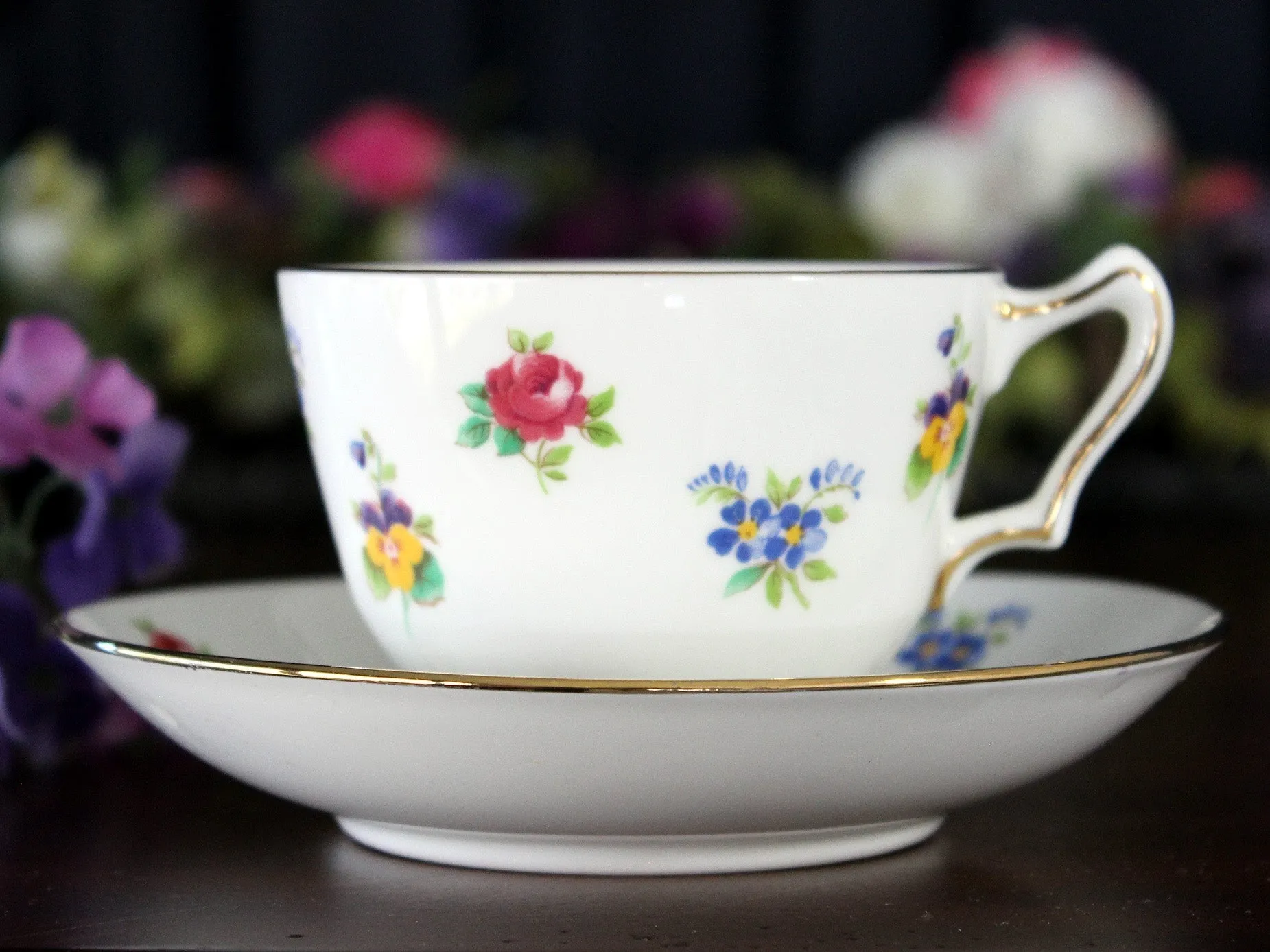 Crown Staffordshire Tea Cup, Floral Teacup and Saucer -J