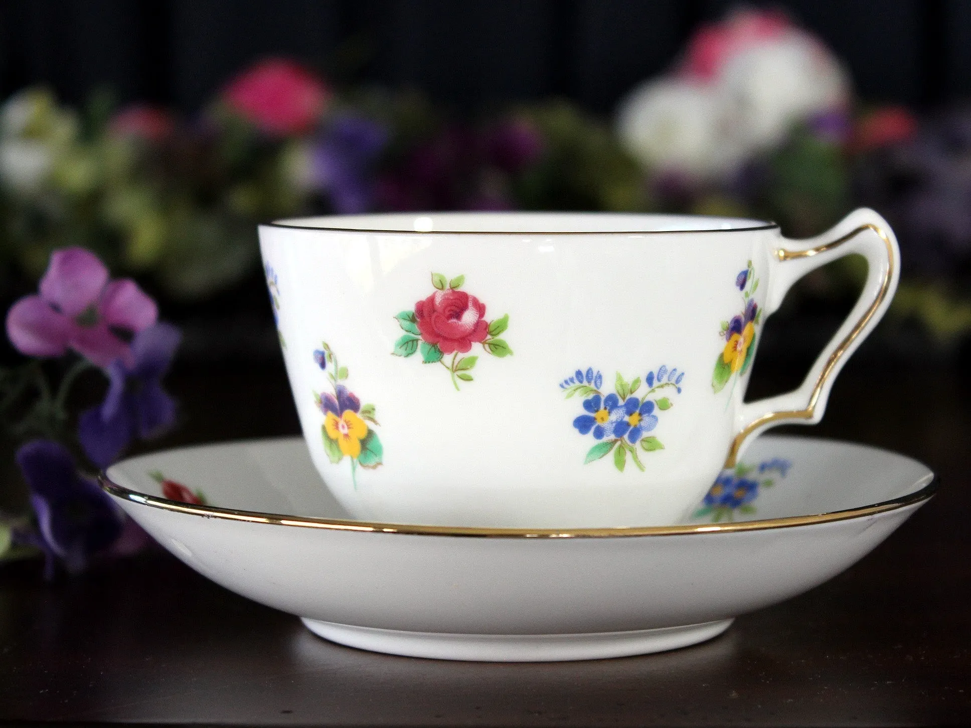 Crown Staffordshire Tea Cup, Floral Teacup and Saucer -J