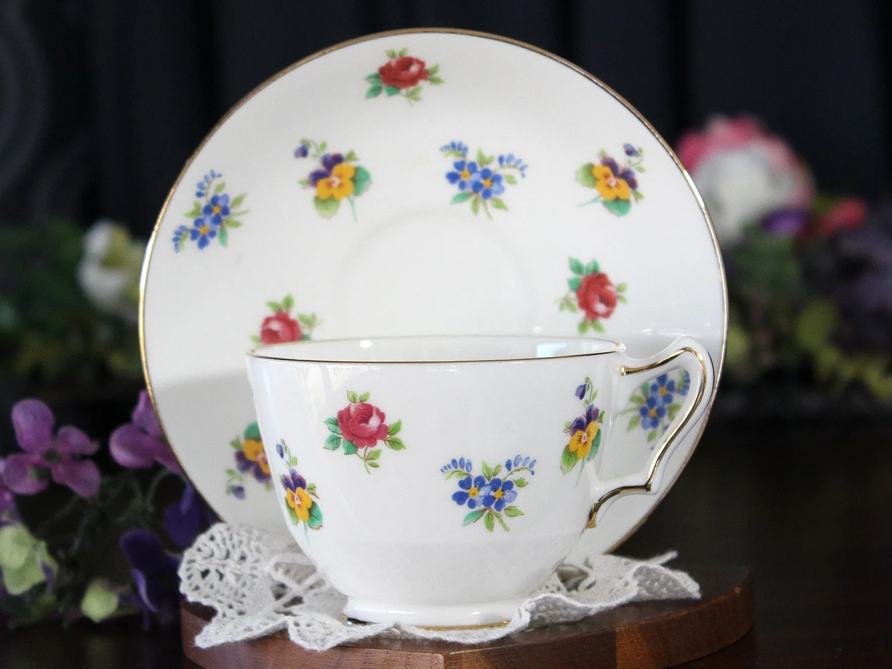 Crown Staffordshire Tea Cup, Floral Teacup and Saucer -J