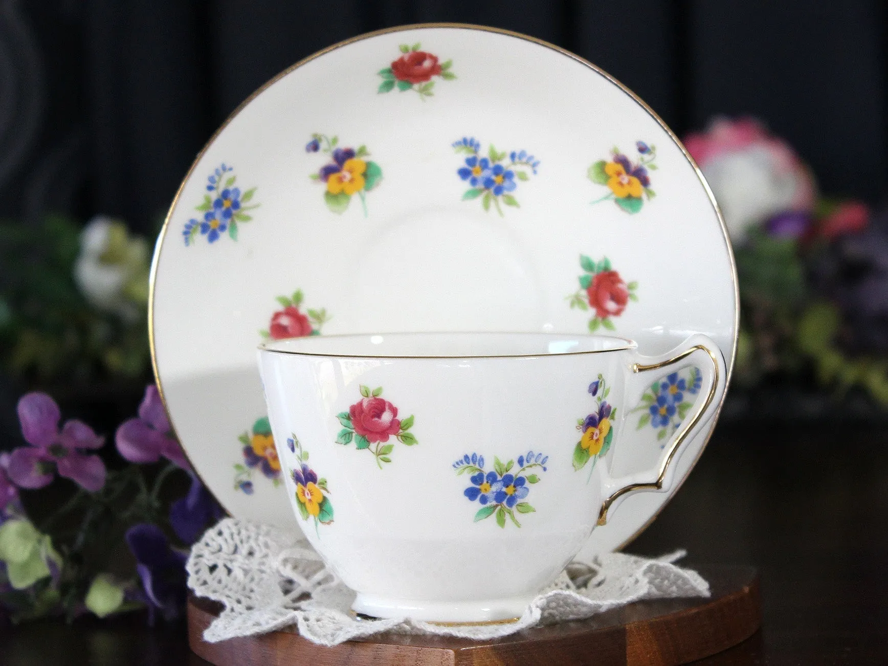 Crown Staffordshire Tea Cup, Floral Teacup and Saucer -J