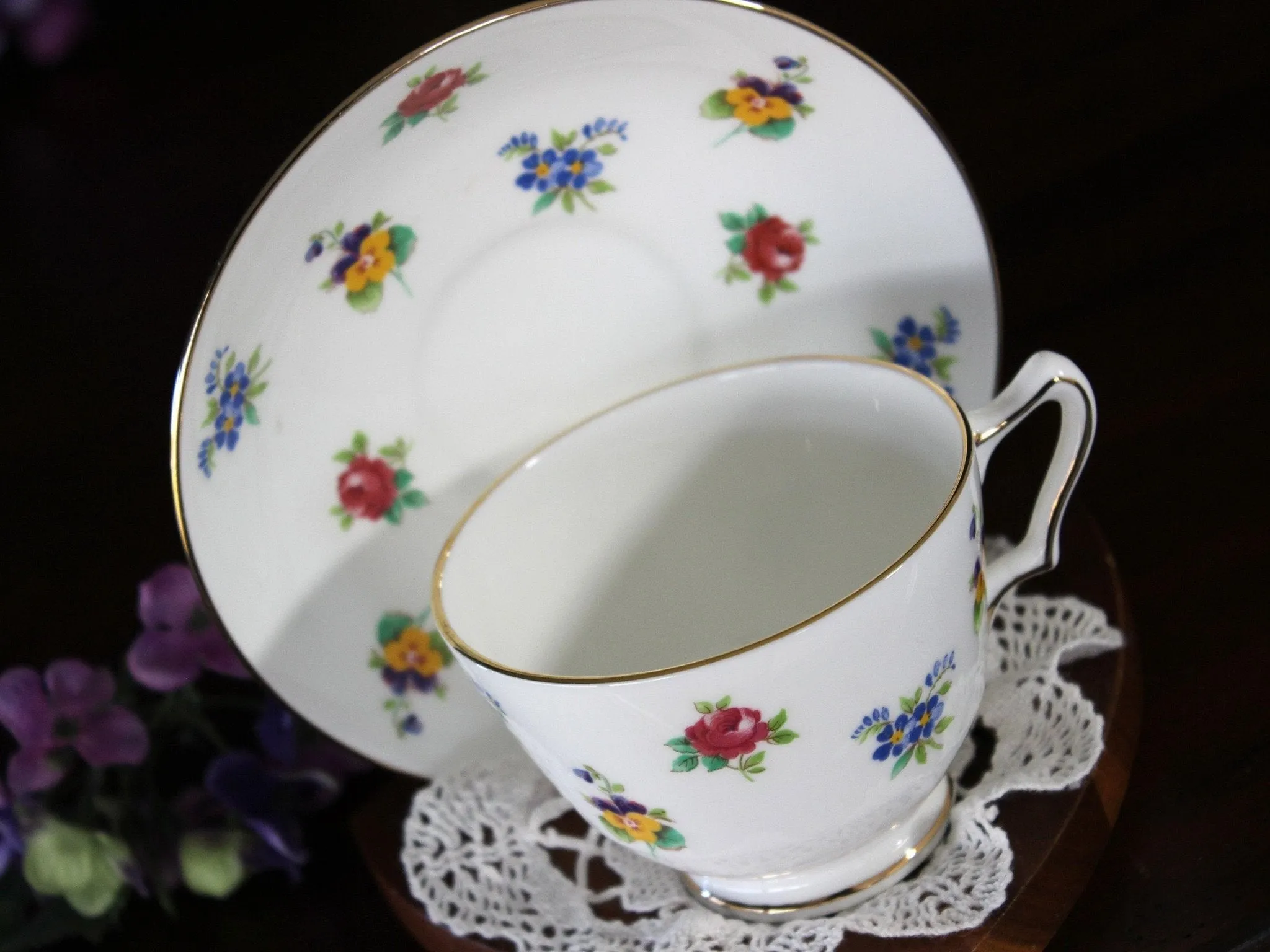 Crown Staffordshire Tea Cup, Floral Teacup and Saucer -J