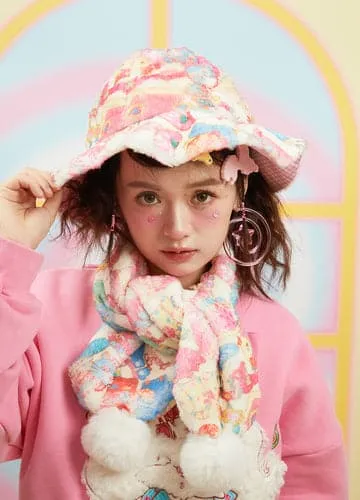 Cute Cartoon Print Hat And Scarf Set