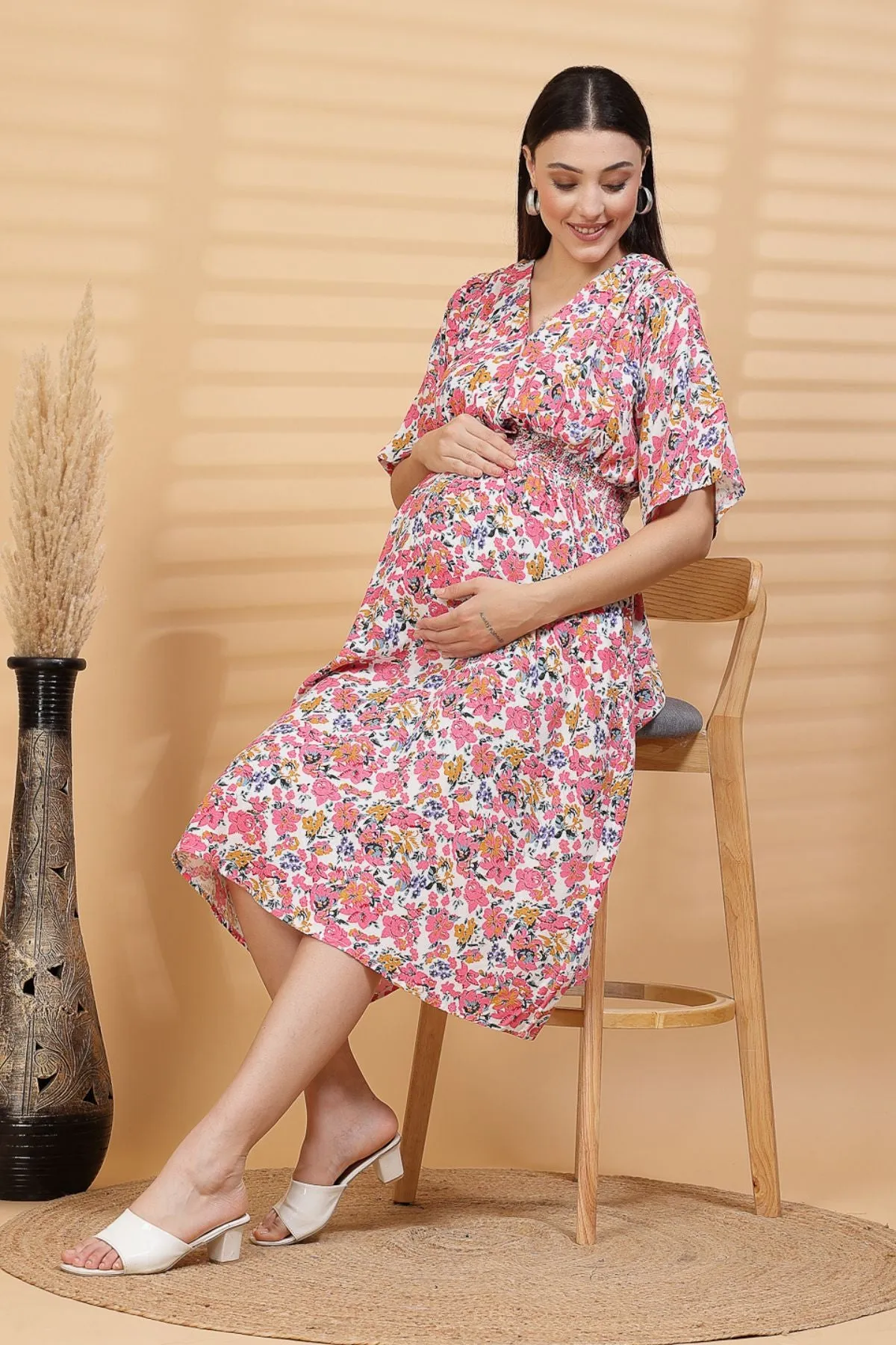 Ditsy Floral Print 100% Rayon Maternity Feeding Dress