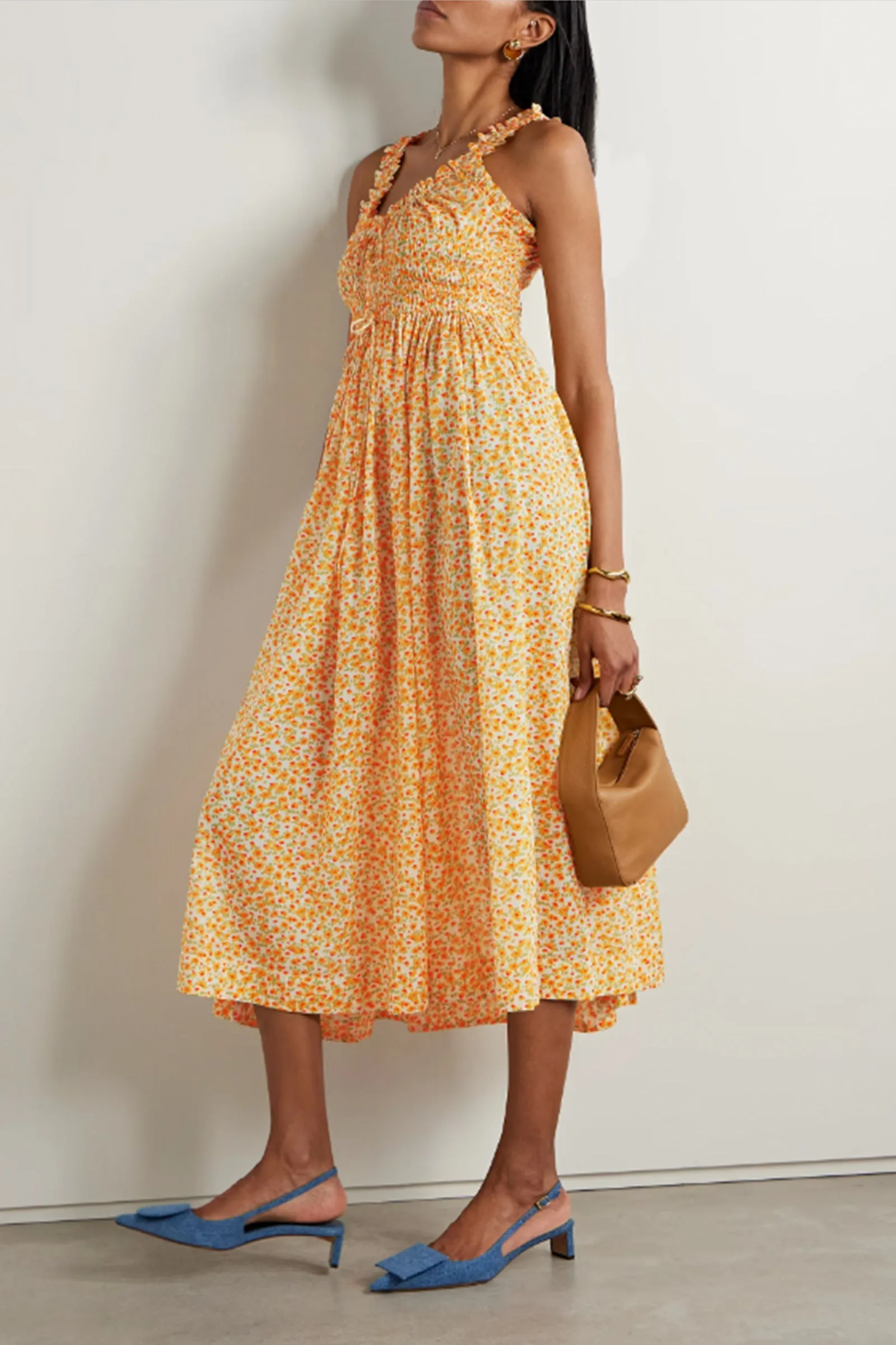 Emmaretta Tie-Detailed Shirred Floral-Print Organic Cotton-Voile Midi Dress