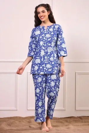 Floral Jaal On Blue Loungewear Top Set