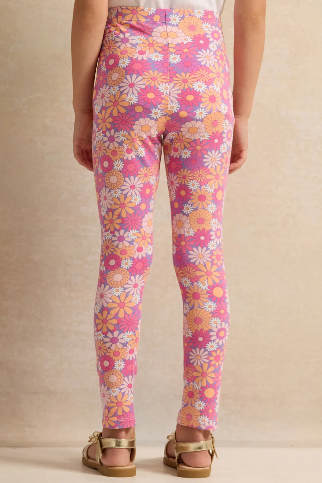 Girls Pink Floral Leggings