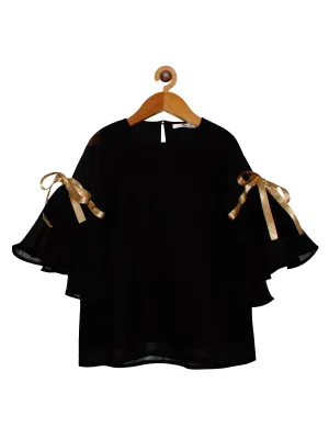 Girls Solid Georgette Top with Cotton Lining and Bell Frill Sleeves