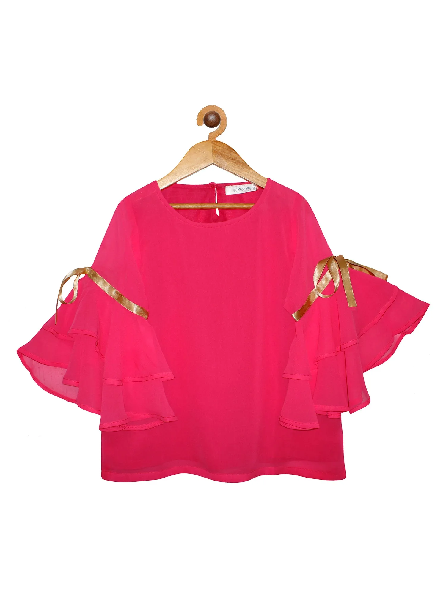 Girls Solid Georgette Top with Cotton Lining and Bell Frill Sleeves