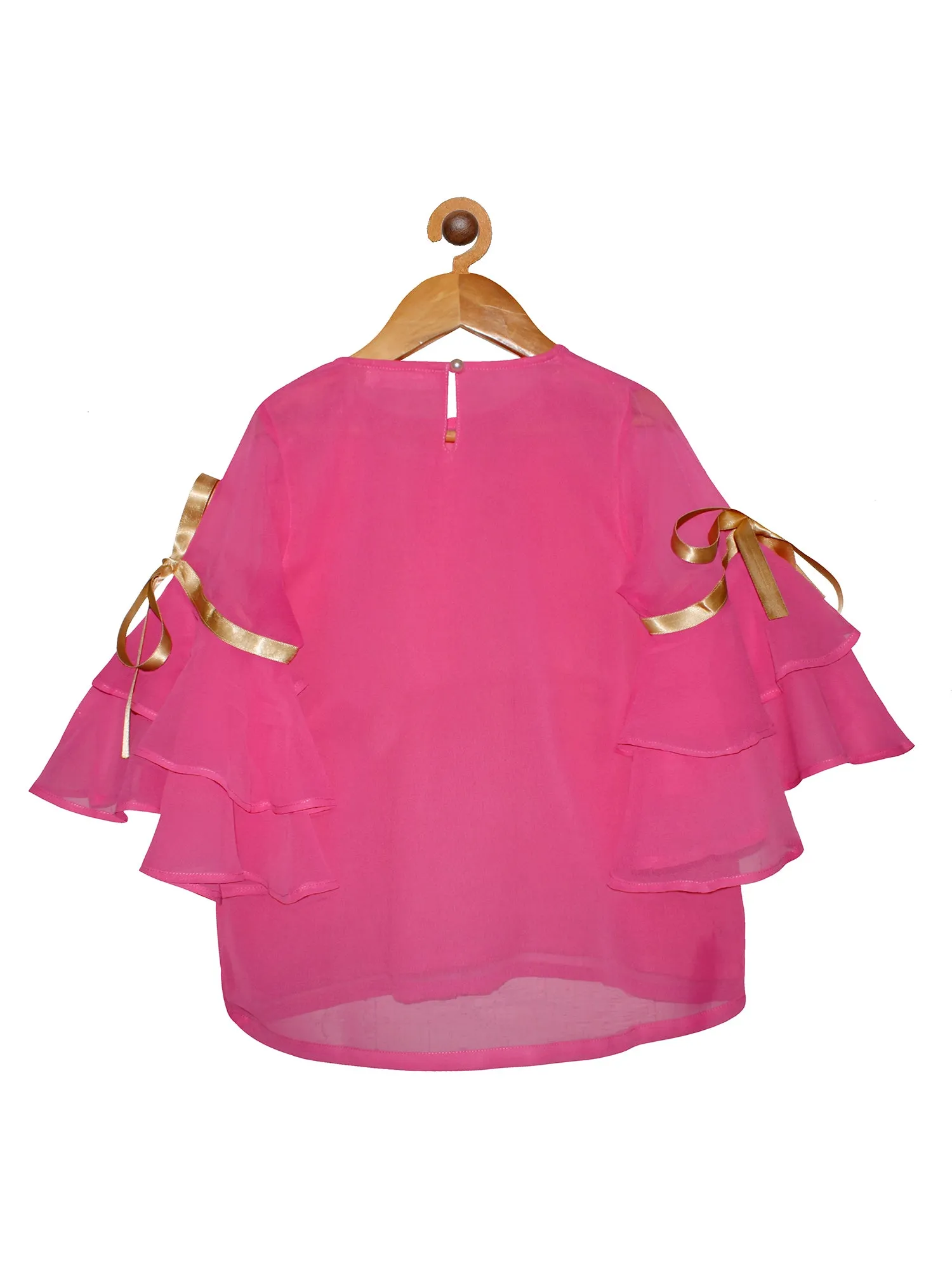 Girls Solid Georgette Top with Cotton Lining and Bell Frill Sleeves