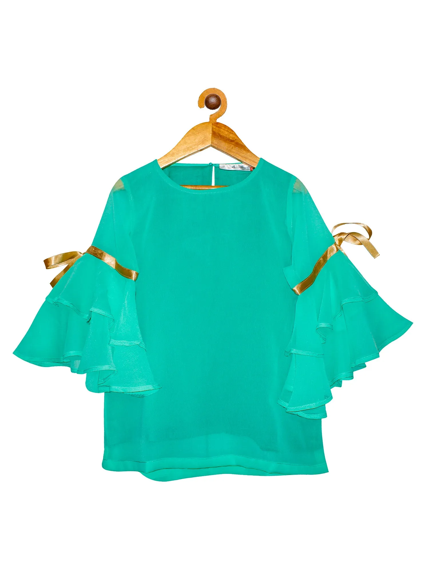 Girls Solid Georgette Top with Cotton Lining and Bell Frill Sleeves