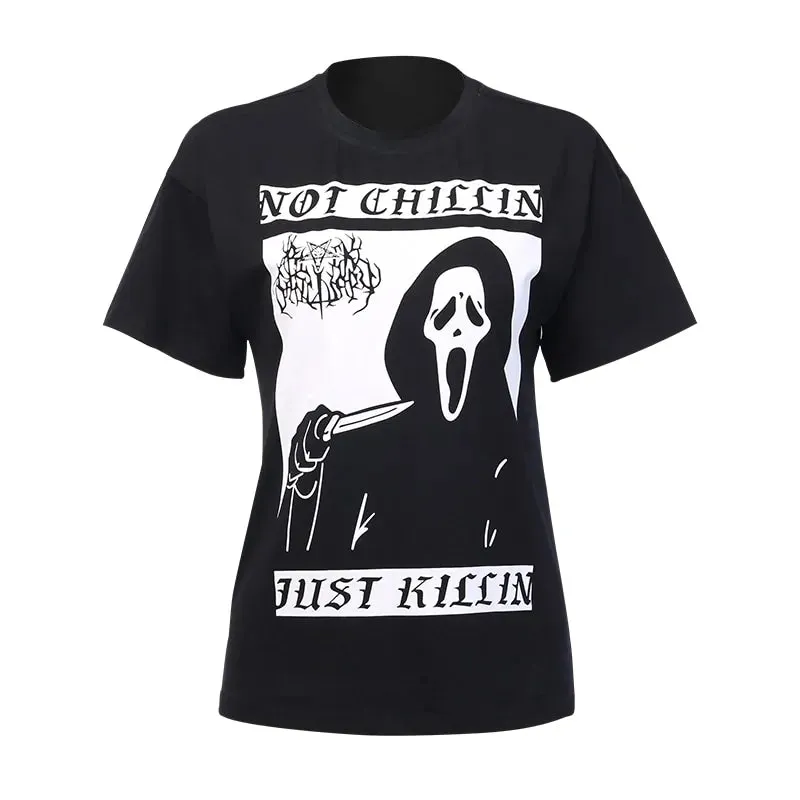 Gothic Dark Punk Loose Black T-shirts Women