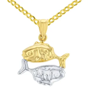 High Polish 14K Yellow Gold Pisces Zodiac Sign Charm Pendant Cuban Chain Necklace