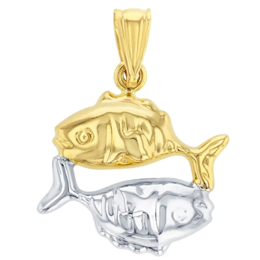 High Polish 14K Yellow Gold Pisces Zodiac Sign Charm Pendant Cuban Chain Necklace