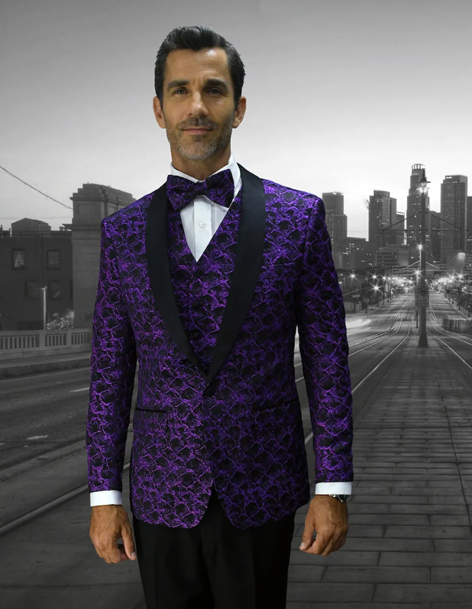 Mens Vested Floar Pattern Shawl Lapel Tuxedo in Purple