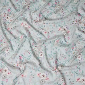 Mint Green Floral Cotton Linen Fabric, 110 cm Width-D20966