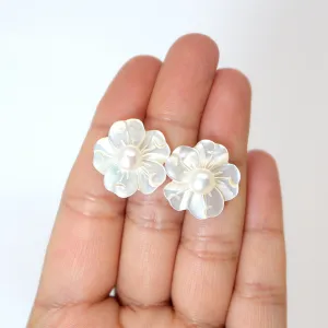 Natural Freshwater Pearls With Mother Of Pearl Carved Flower Earrings, Bridal Jewelry Bridal Stud Earrings Pearl Stud Statement Earrings