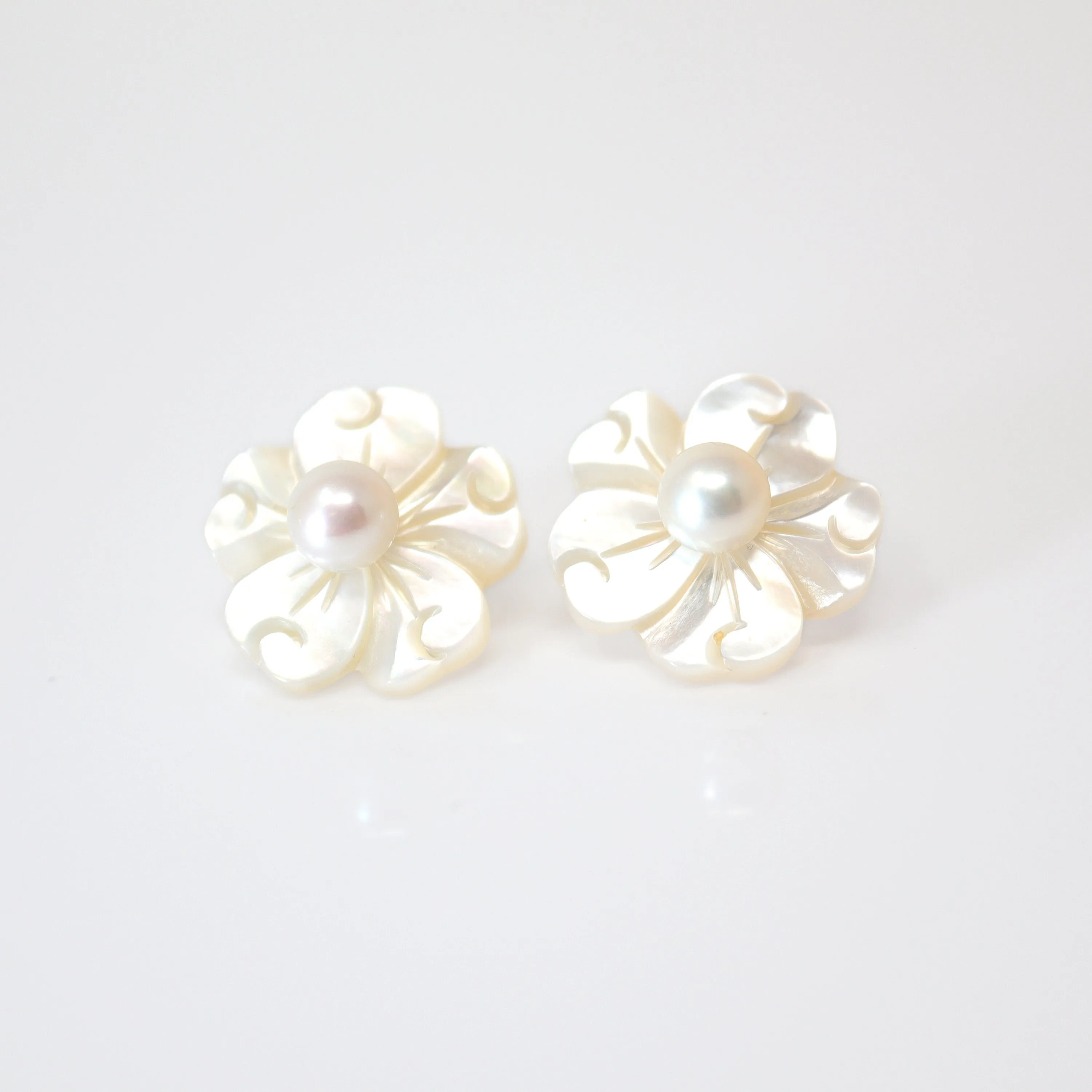 Natural Freshwater Pearls With Mother Of Pearl Carved Flower Earrings, Bridal Jewelry Bridal Stud Earrings Pearl Stud Statement Earrings