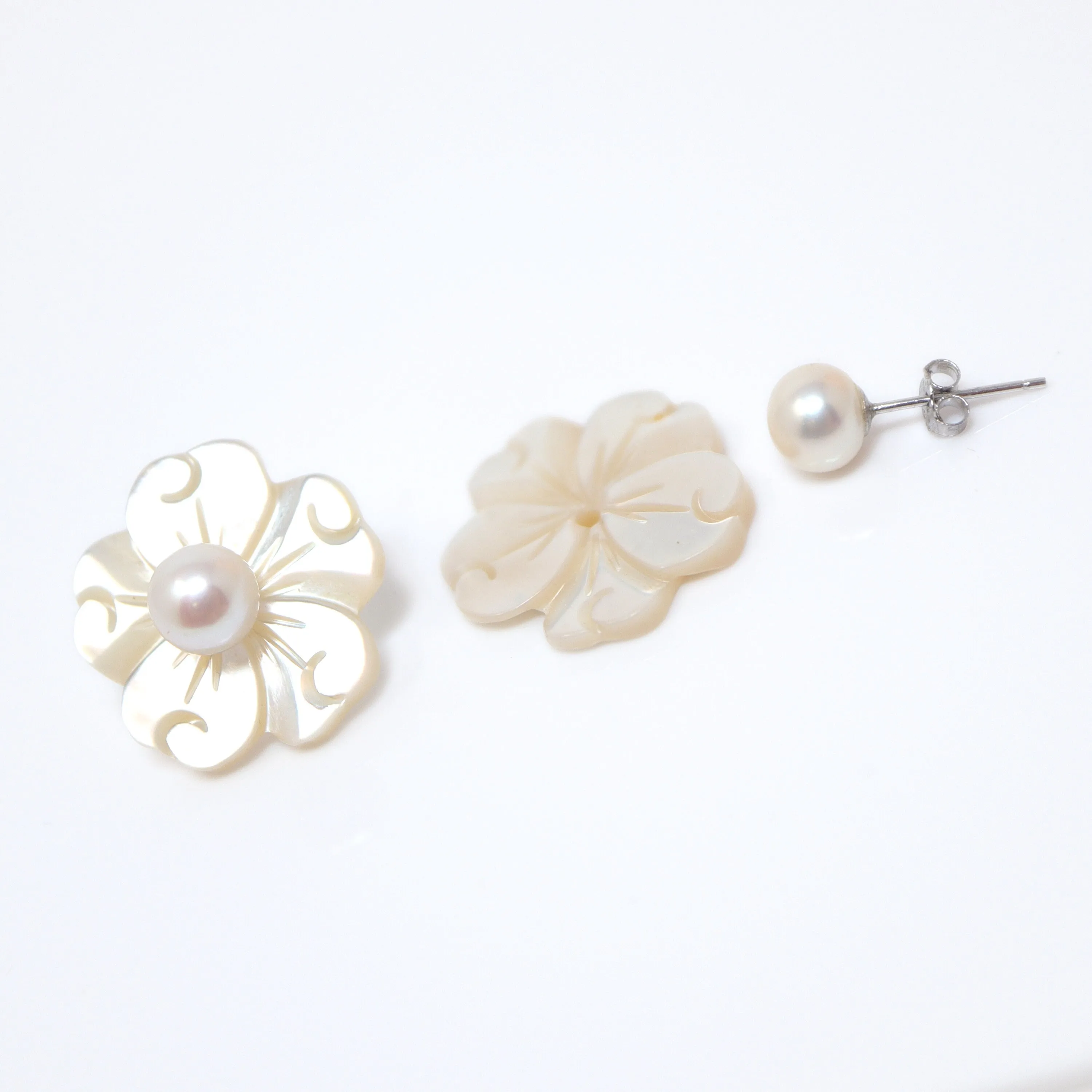 Natural Freshwater Pearls With Mother Of Pearl Carved Flower Earrings, Bridal Jewelry Bridal Stud Earrings Pearl Stud Statement Earrings