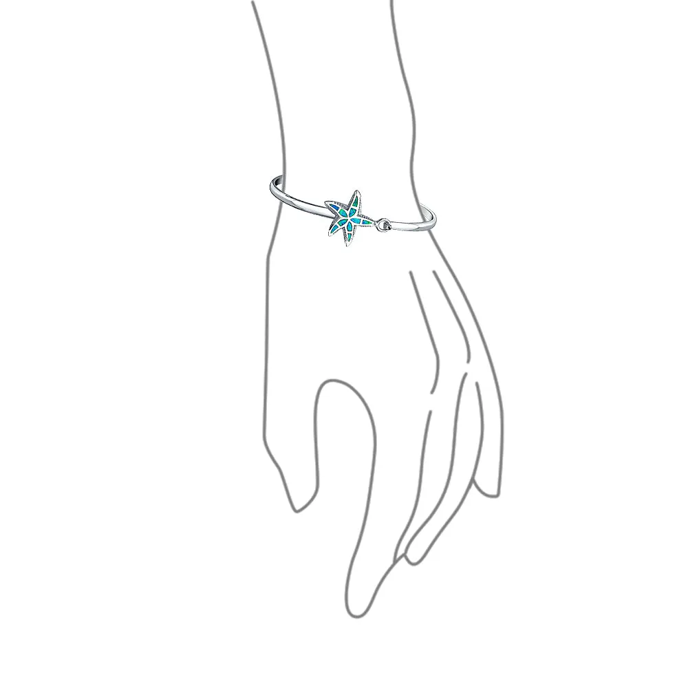 Nautical Starfish Blue Opal Bangle Bracelet in Polished Sterling Silver