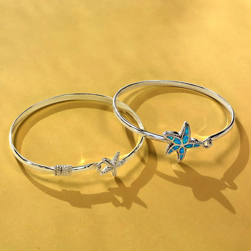 Nautical Starfish Blue Opal Bangle Bracelet in Polished Sterling Silver