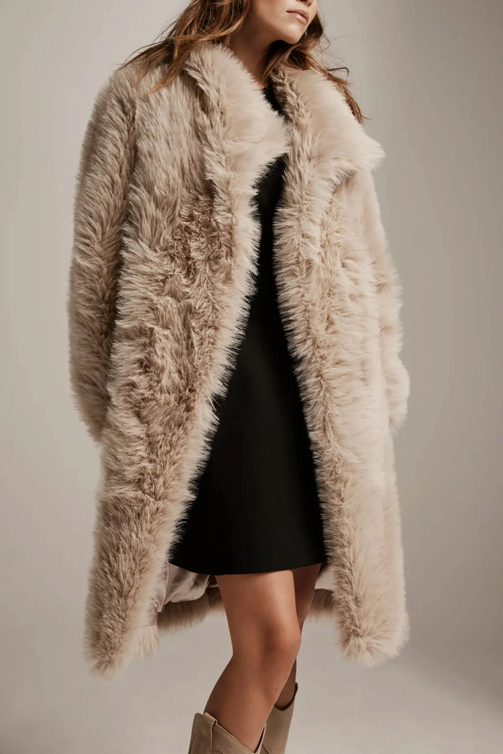 Neutral Longline Faux Fur Coat