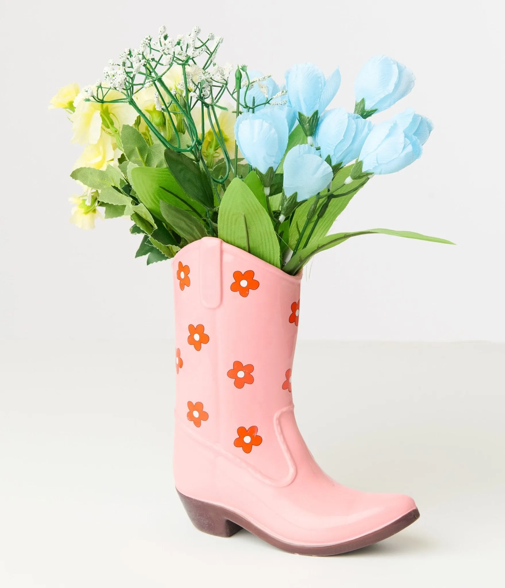 Pink Floral Ceramic Cowboy Boot Vase