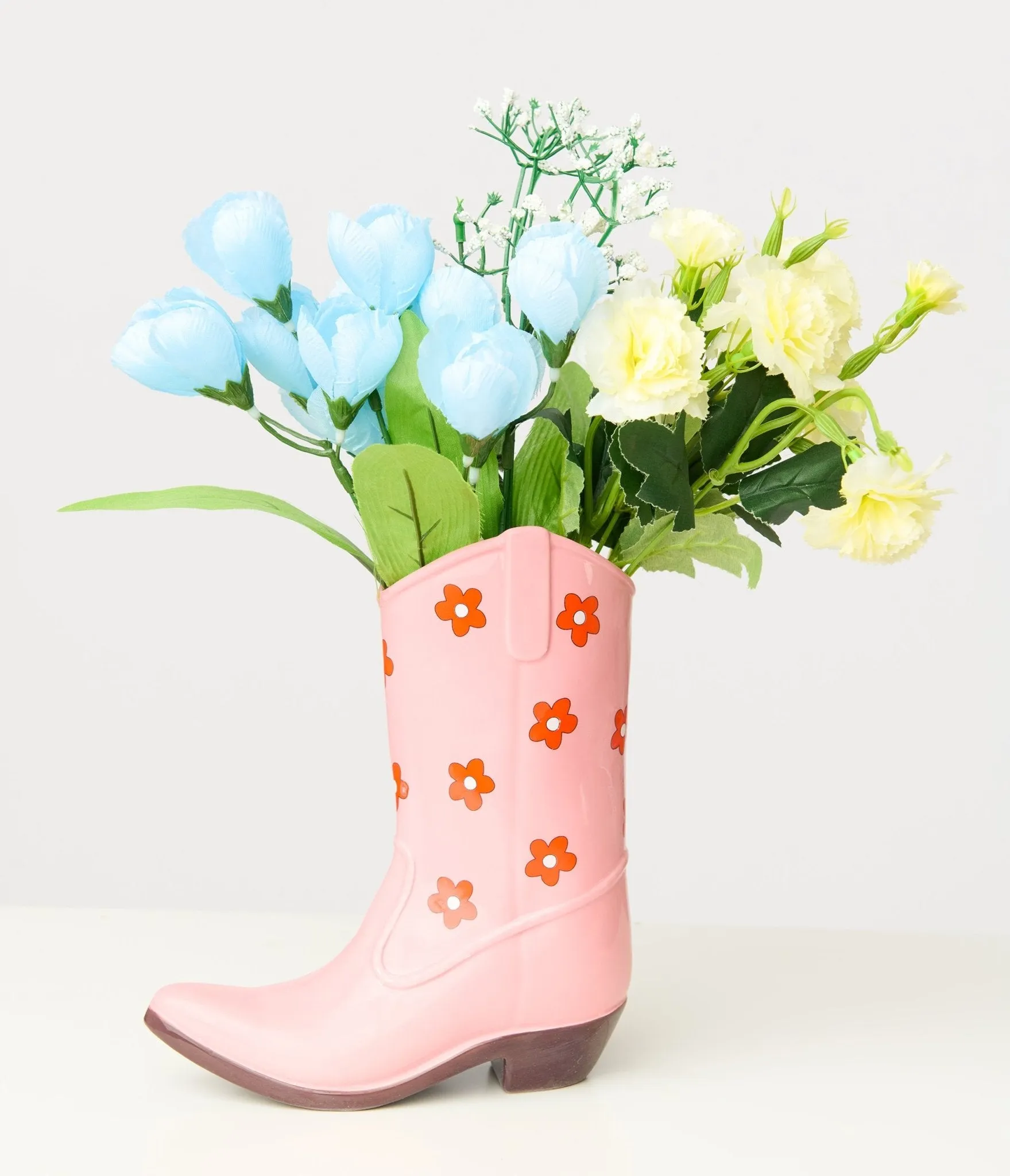 Pink Floral Ceramic Cowboy Boot Vase