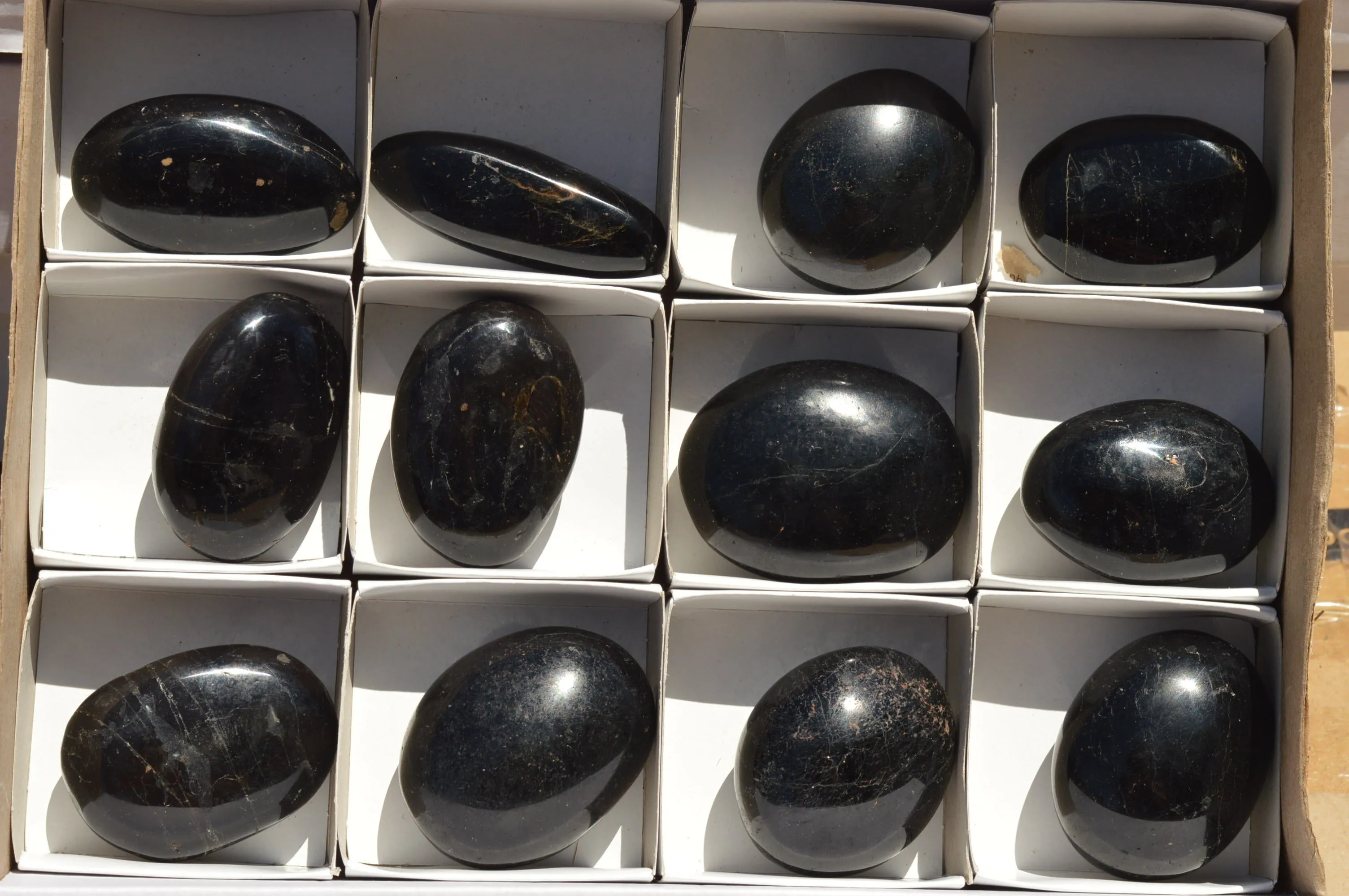 Polished Schorl Black Tourmaline Galet / Palm Stones x 12 From Madagascar