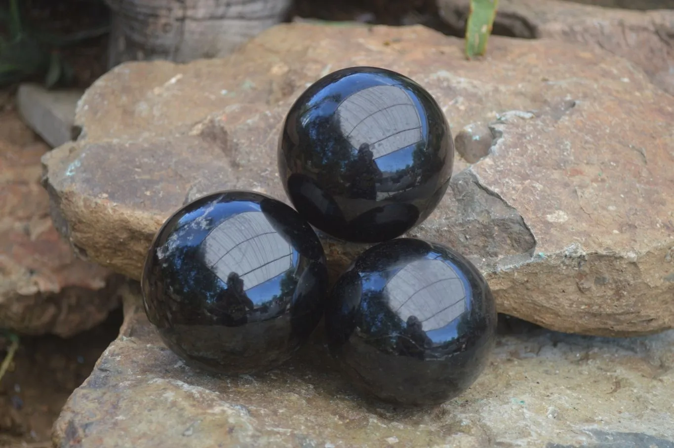 Polished Schorl Black Tourmaline Spheres x 3 From Madagascar