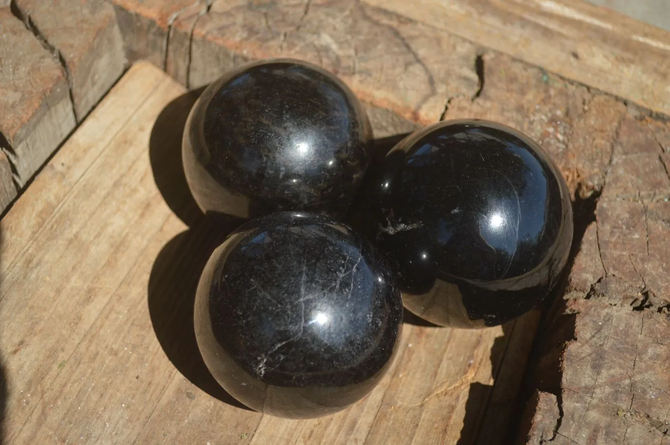 Polished Schorl Black Tourmaline Spheres x 3 From Madagascar