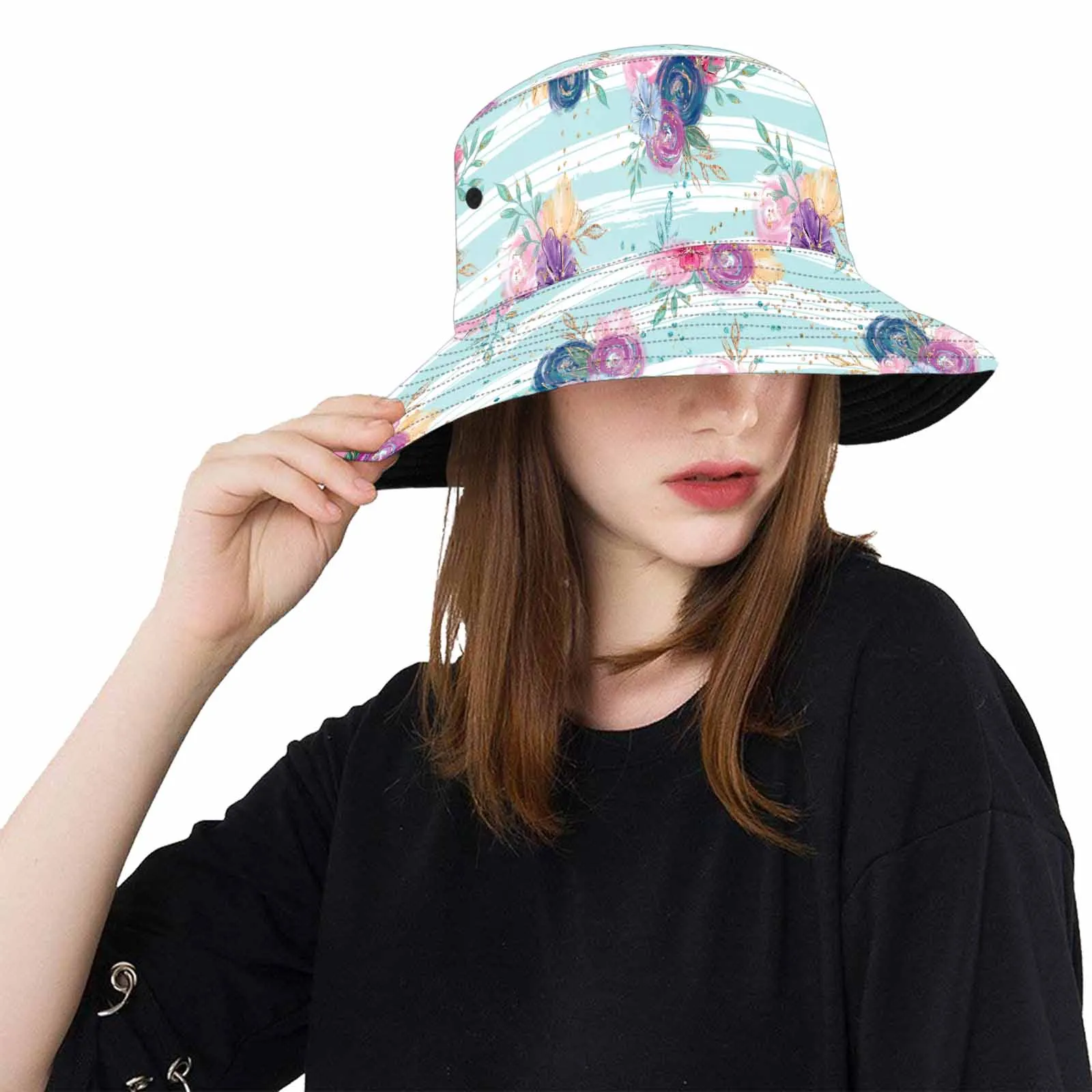 Purple and Pink floral Blue Stripes  Unisex Summer Single-Layer Bucket Hat