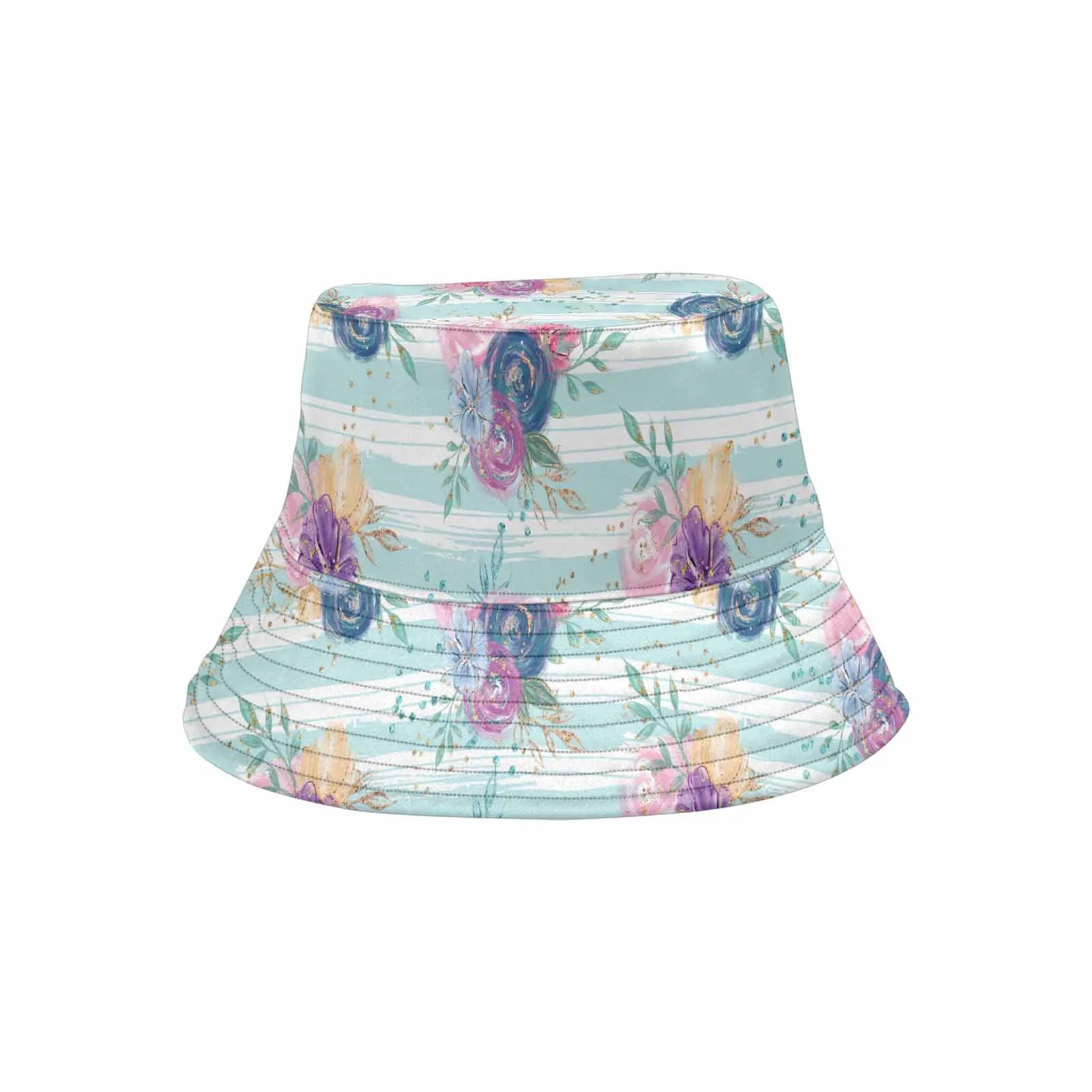 Purple and Pink floral Blue Stripes  Unisex Summer Single-Layer Bucket Hat