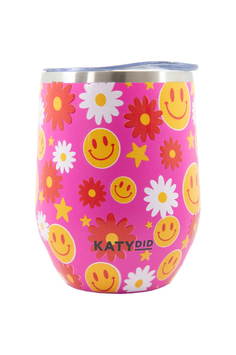 Red Flower Happy Face Stemless WINE TUMBLER Cup