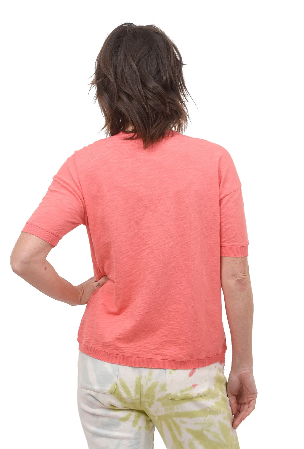 Ribbed-Trim Easy Tee, Coral