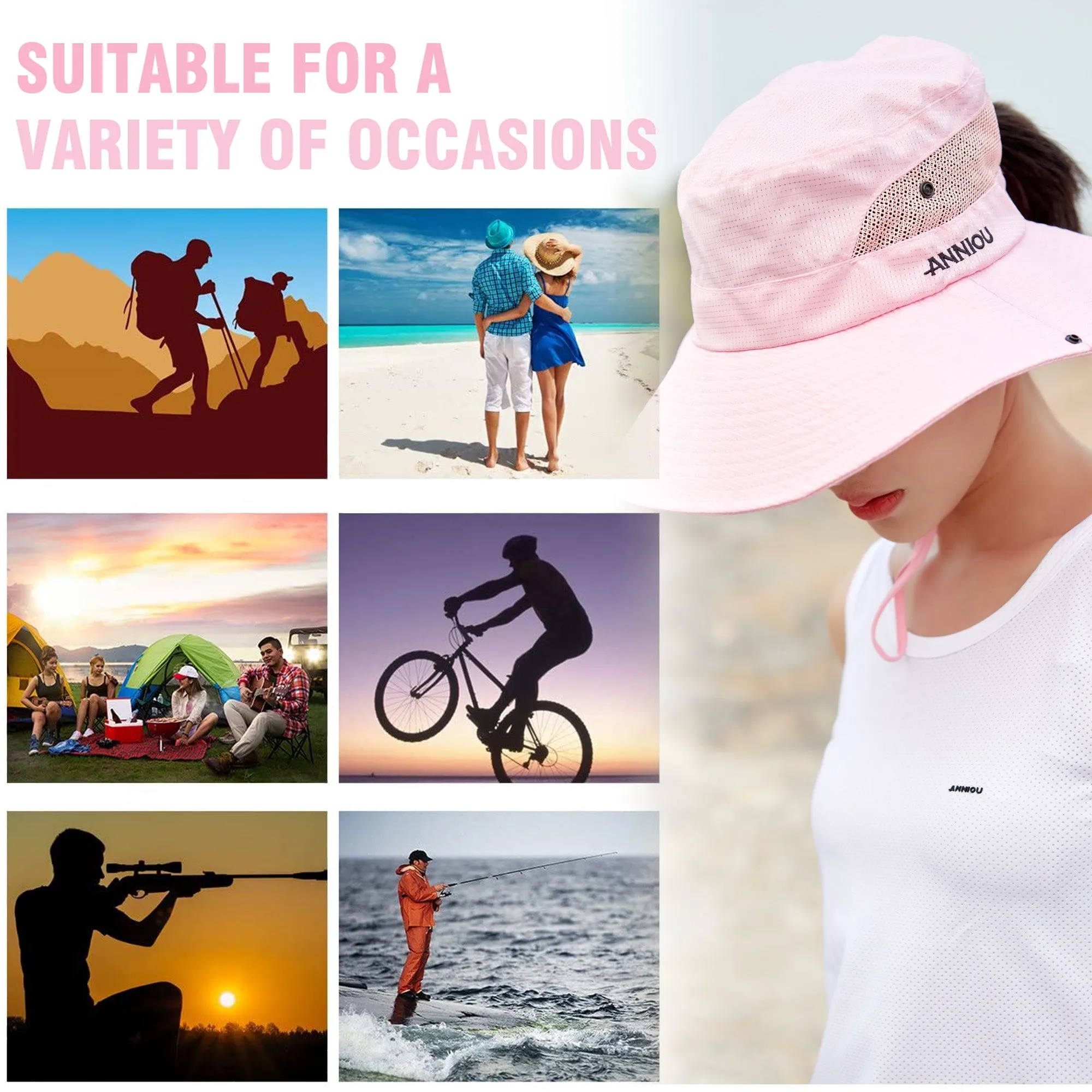 Sidiou Group Anniou Fishing Hat Women UPF40  UV Protection Summer Mesh Bucket Hat Foldable Wide Brim Sun Hat Outdoor Travel with Adjustable Chin Strap