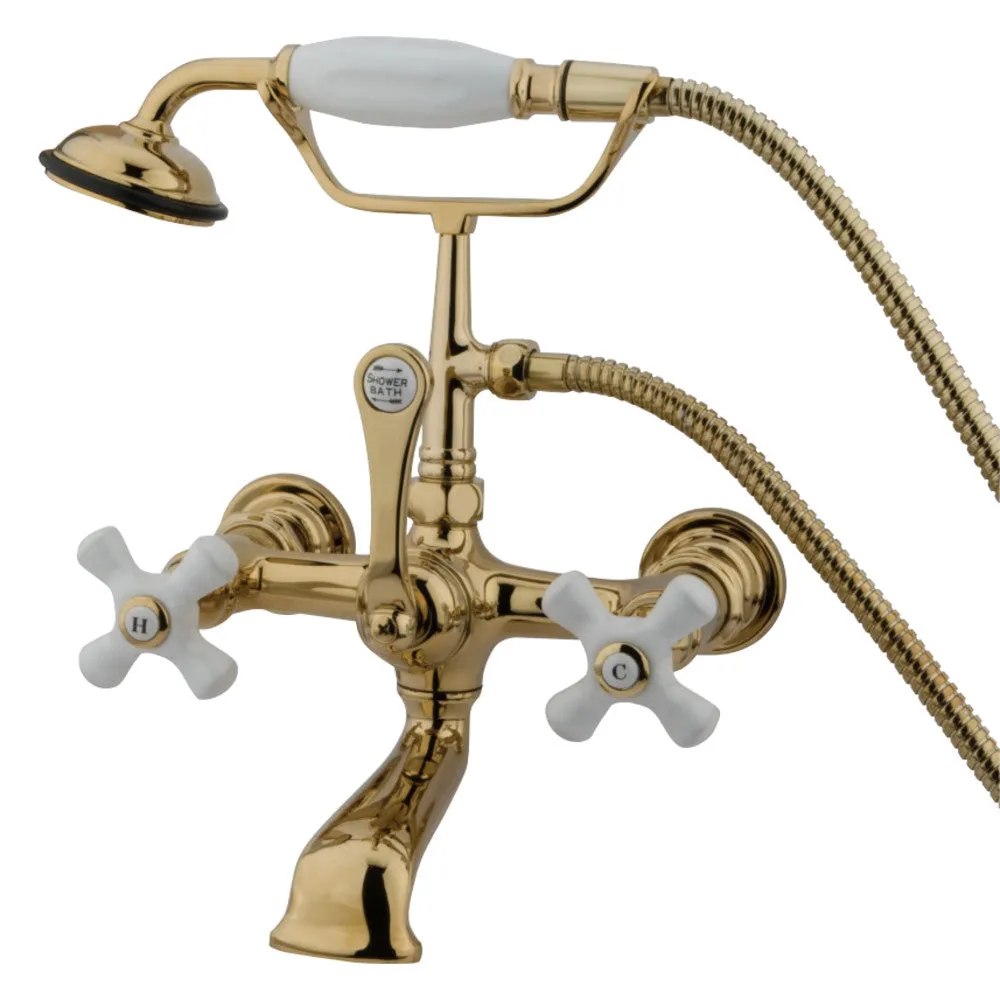 Vintage 7" Wall Mount Tub Faucet With Hand Shower & Procelain Cross Handles In 6.94" Spout Reach